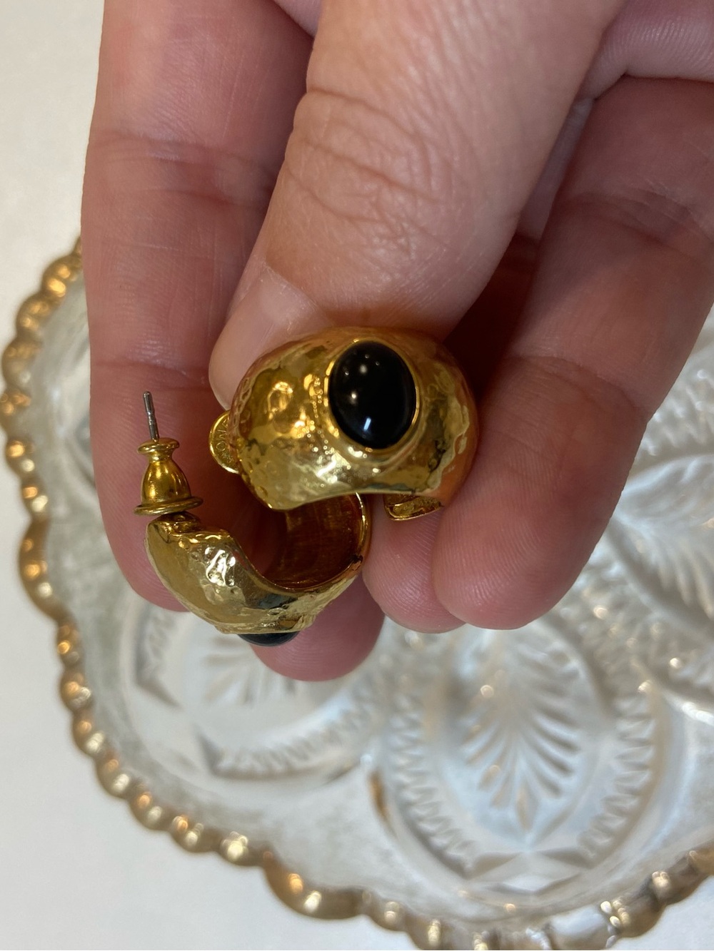 Monet Vintage Gold Hoop Earrings with Black Cabochon- 80s 90s